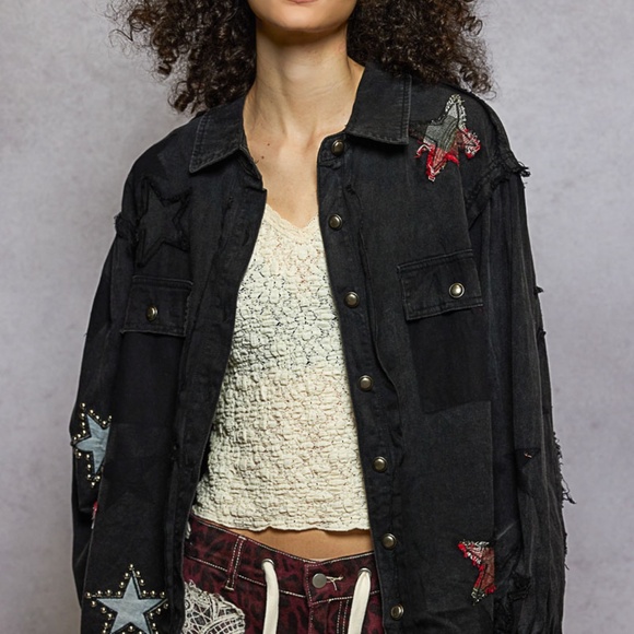 New Pol Denim Shacket Black Button Shirt Women Stars Boho 100% Cotton Denim - Picture 6 of 9